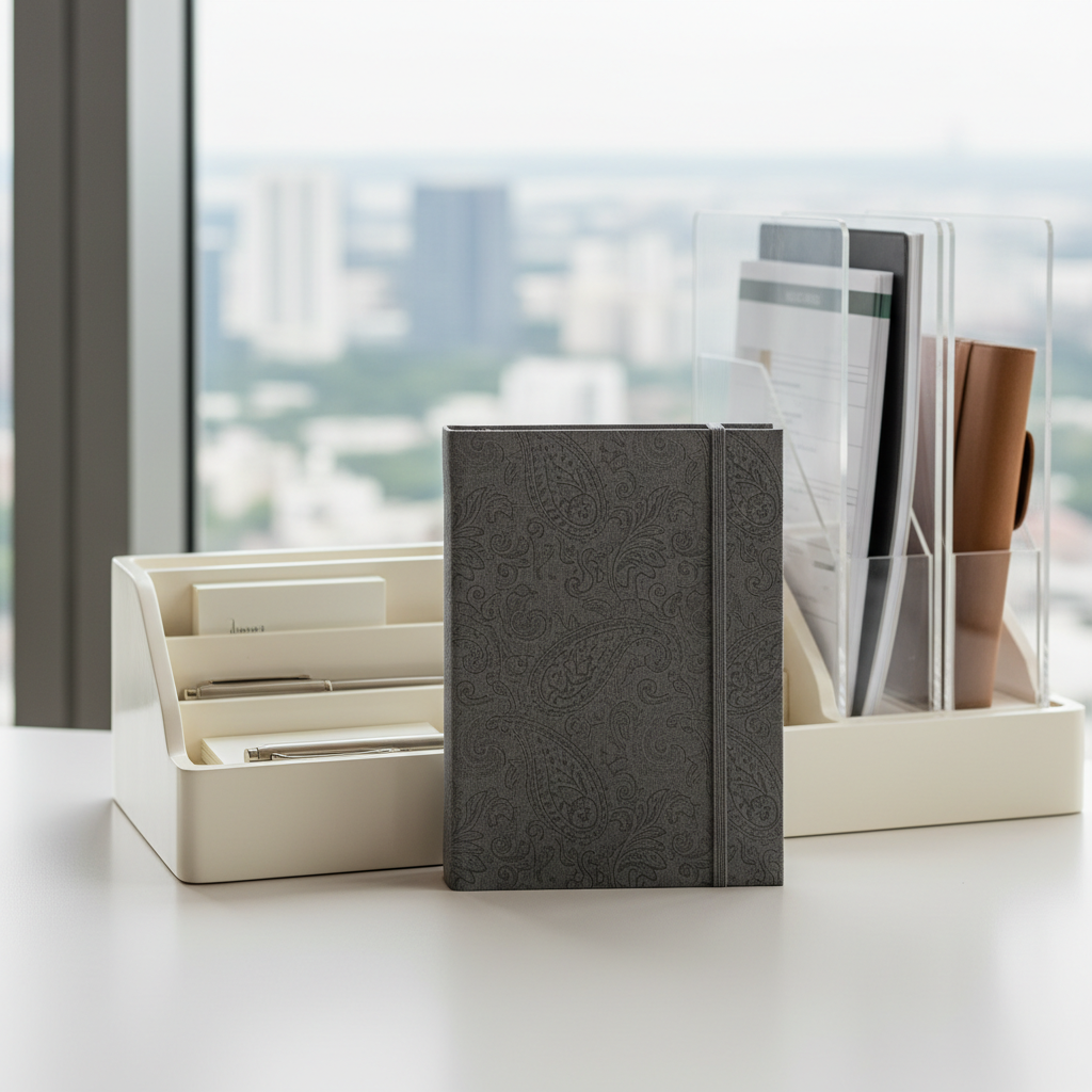 A crisp, closed hardcover journal finished in textured charcoal linen and embossed subtly with an ornate paisley pattern, placed neatly atop a smooth ivory desk organizer. The background features a tidy arrangement of acrylic file holders and a faint glimpse of a cityscape through large office windows, suggesting global reach and order. Bright, diffused daylight bathes the scene, producing soft highlights on the journal’s textured cover and understated shadows across the tabletop. The overall mood is thoughtful and focused, supporting a sense of ambition and clarity. Captured head-on with the journal in sharp focus and the rest softly blurred, this balanced photographic composition enhances the site’s structured and professional identity, reinforcing themes of reflection and growth in a global context.